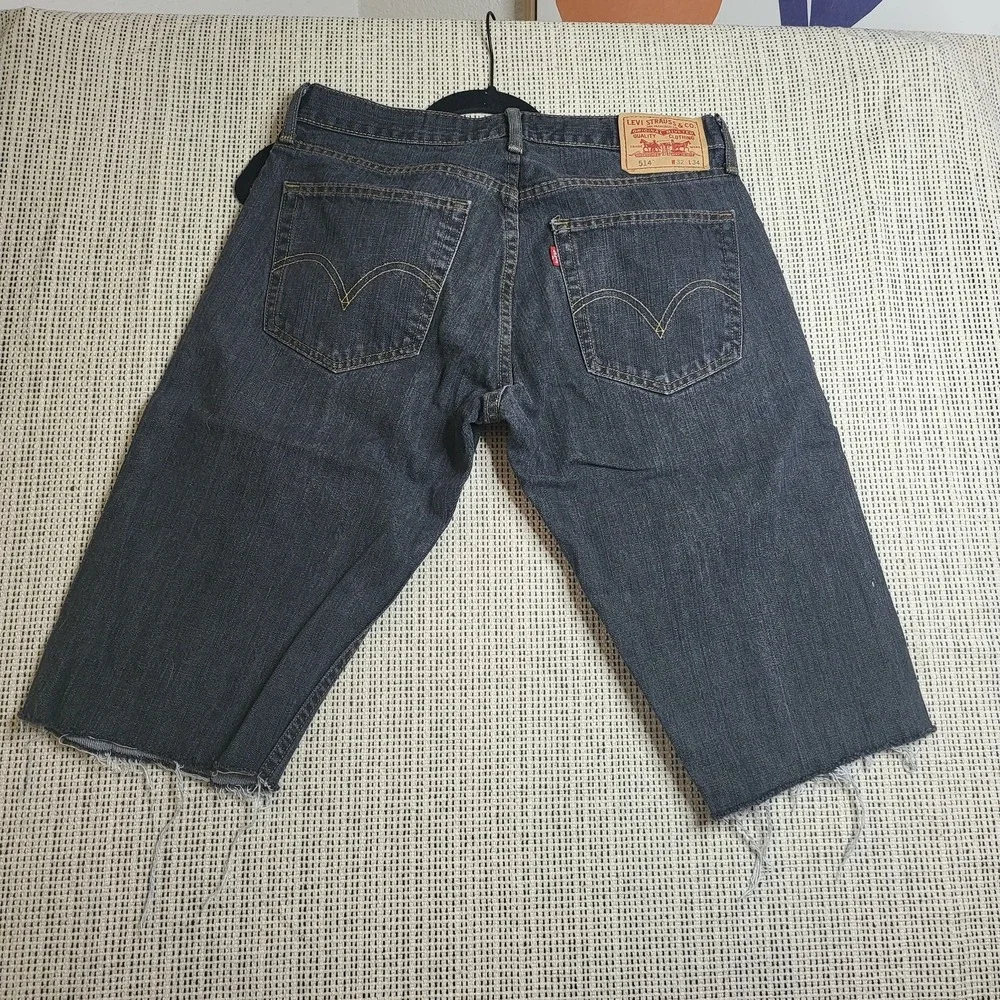 Levis 514 Jeans Mens 32x34‎ Blue Slim Straight Distressed Cut Off Raw Hem Denim